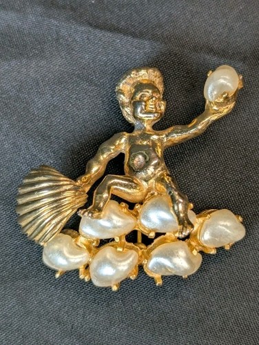 Women's Vintage MCM Marboux Neptune Boy Faux Pearl and Rhinestones Brooch / Pin