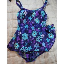 Vintage Maxine Of Hollywood Swimsuit One Piece Pin Up Blue Purple Skirt 90s