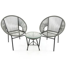 3PCS Patio Acapulco Furniture Bistro Set Plastic Rope Glass Table Grey