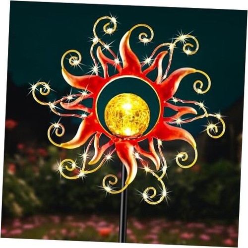 Solar Lights Outdoor Waterproof Red Sun Metal Crackle Glass Stake Decorative