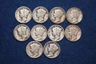 Lot of 10 Circulated Mercury Dimes 90% Silver - Various Dates Free Shipping