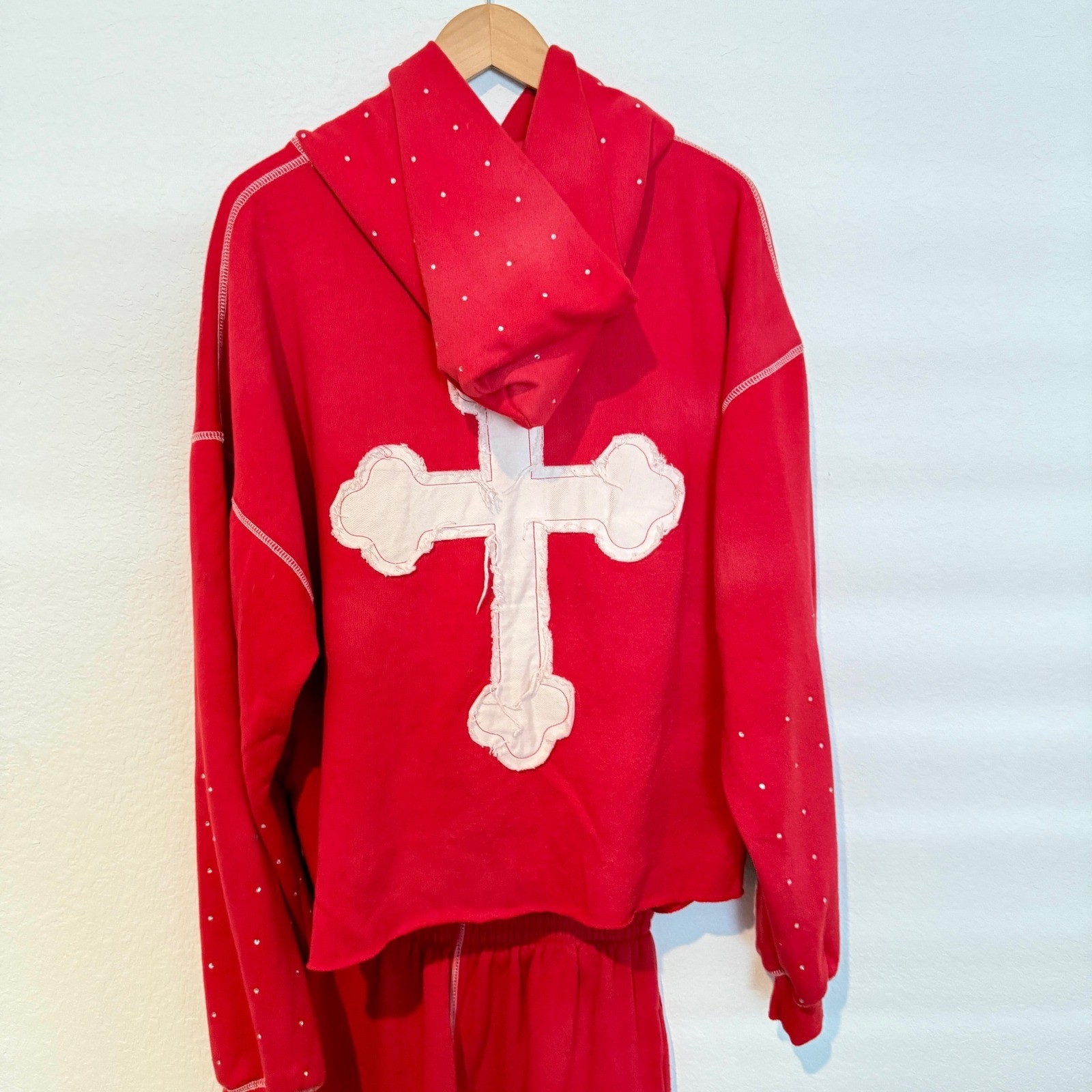 Life Of Sin Tracksuit Set Mens L Red Rhinestone Distressed Cross Hoodie Pants image 6