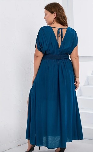 Blue Shirred Waist Maxi Dress Short Sleeve V-Neck 4XL US Size 20 New Free Ship - Picture 2 of 2