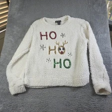 Miss Chevious White Fuzzy Textured Crewneck Sweater XL Christmas Ho Ho Ho