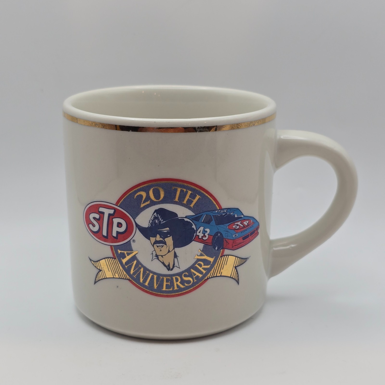 Vintage Ceramic Richard Petty STP 20th Anniversary Coffee Mug Gold Trim