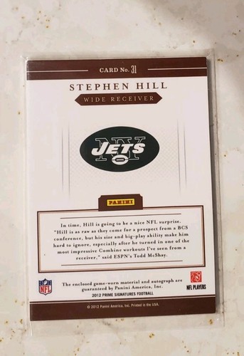 2012 Prime Signatures Stephen Hill New York Jets Auto Material Relic RC SP 13/99 - Picture 3 of 3
