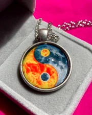 Ying Yang Molten Lava Orange Bubble Top Resin Amulet Necklace Silvertone Chain