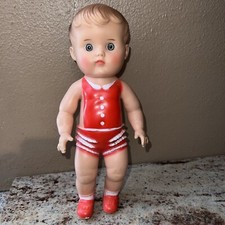 Vintage The Sun Rubber Co 1956 10" Baby Doll Squeak Toy Red Romper Excellent 
