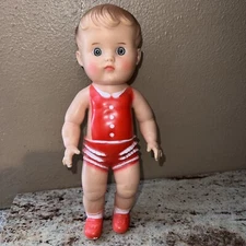 Vintage The Sun Rubber Co 1956 10" Baby Doll Squeak Toy Red Romper! Excellent!!