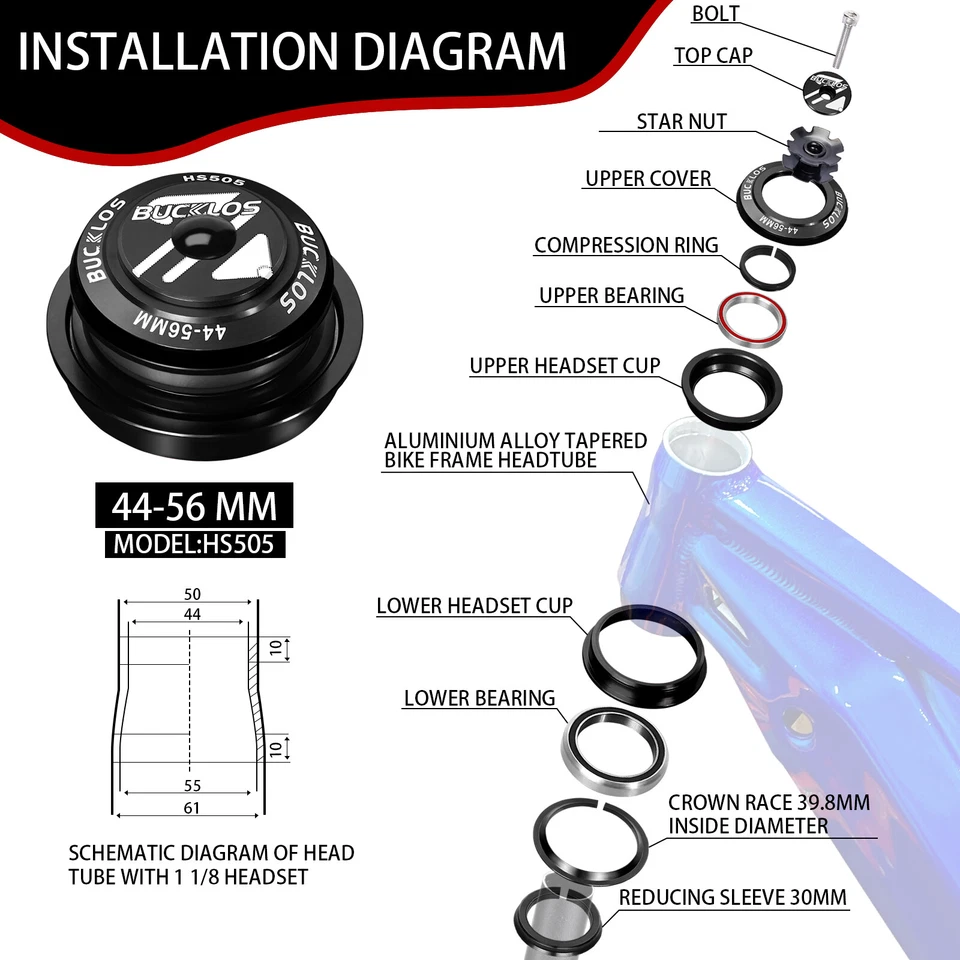 44-56mm MTB Bike Bearings Headset External 1-1/8 Threadless Fork Steerer Parts - Image 4 of 4