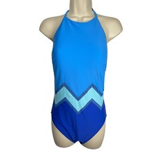 GOTTEX Swimsuit Sz 12 Multicolor Blue Colorblock Chevron High Neck 1 Piece Beach