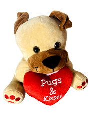 Pugs  Kisses Plush Dog W/Red Stuffed Heart Tan Brown Tongue Out 10" Seated