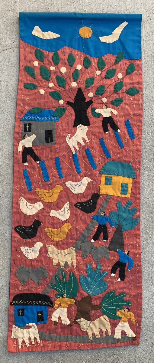 Hand-Sewn Folk Art Appliqué Textile Wall Hanging Vintage Village