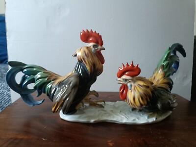 Very Rare & Stunning Rosenthal 2 Fighting Cocks: H/Painted Designed J. Feldtmann