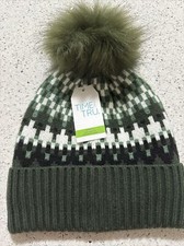 Time And Tru Women's Fair Isle Knit Beanie Hat W Pom Pom Olive Dusk NWT