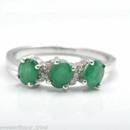Gemstone Natural Oval Sterling Silver Three-Stone Fine Rings