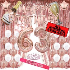 63rd Birthday Rose Gold Decorations - 40" Number Balloons, Foil Curtains  More