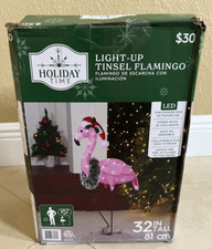 Holiday Time Light-Up Tinsel Pink Flamingo Outdoor Yard Decoration 32", NEW,