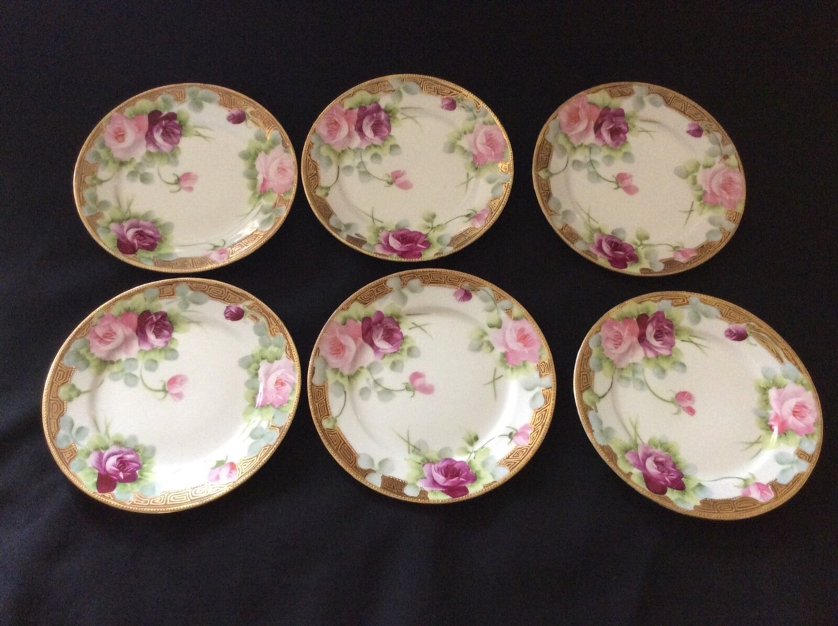 Set Of 6 Hand-Painted Nippon Pink Rose Floral With Gold 6 1/4