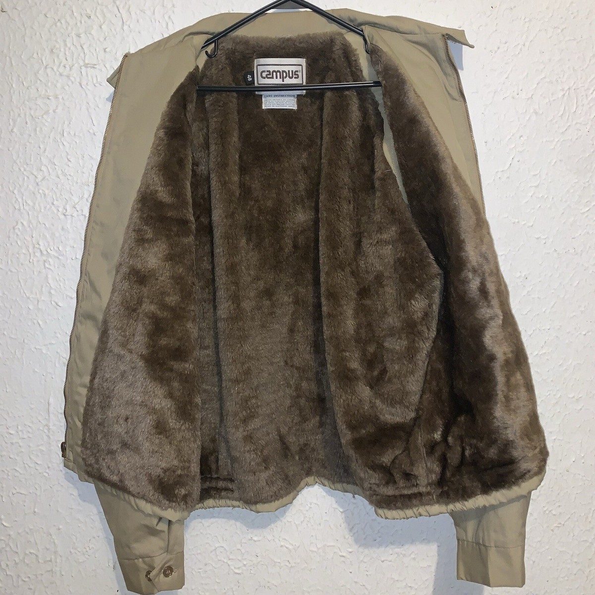 Vintage 70s Campus Faux Fur Lining Tan Khaki Full Zip Coat Vintage 70s Campus Faux Fur Lining Tan Khaki Full Zip Coat