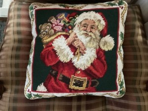 Vintage Needlepoint Santa  Claus Pillow 13x13 Green Velvet Back Holiday Decor
