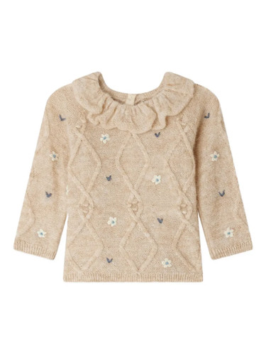 Bonpoint Embroidered Floral Cardigan 3A Beige Ruffle Collar Knit Sweater Girls