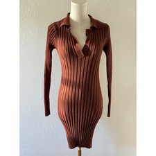 Tularosa Brown Ribbed Knit Mini Dress sz SM Long Sleeve Collared Fitted Bodycon