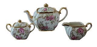SADLER CUBE TEAPOT PINK ROSES AND GOLD DECORATION with Matching CREAM & SUGAR