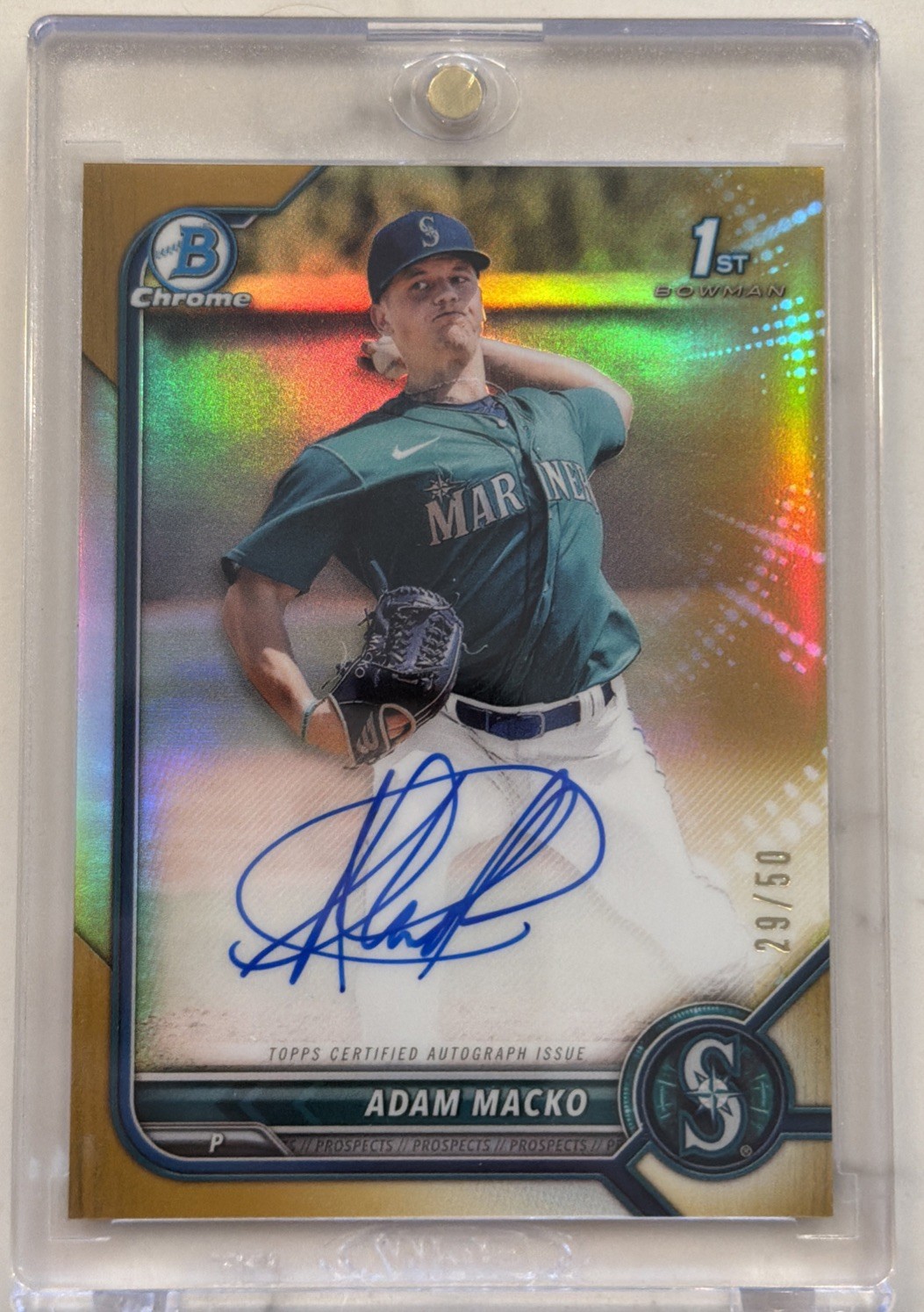 2022 Bowman Chrome Adam Macko 1ST AUTO True Gold Refractor /50 Blue Jays #22