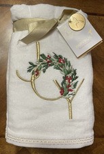 Papyrus Hand Towels Set/2 JOY Christmas Gold Embroidered Berries Holly White