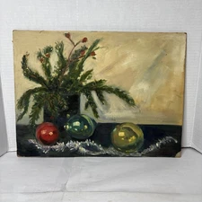 Beautiful Mid Century Christmas Bulbs Acrylic Painting On Board Signed D. Coombe