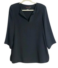 Nina Mclemore Silk Tunic Size 6 Black V-Neck 3/4 Sleeves Rounded Hem Made in USA