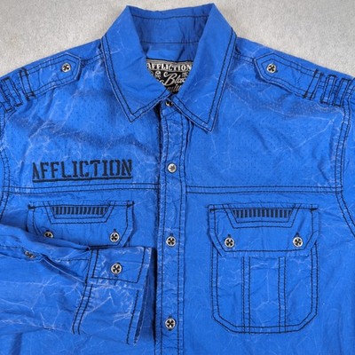 Affliction Black Premium Shirt Mens Large Blue Long Sleeve Slim Fit Live Fast