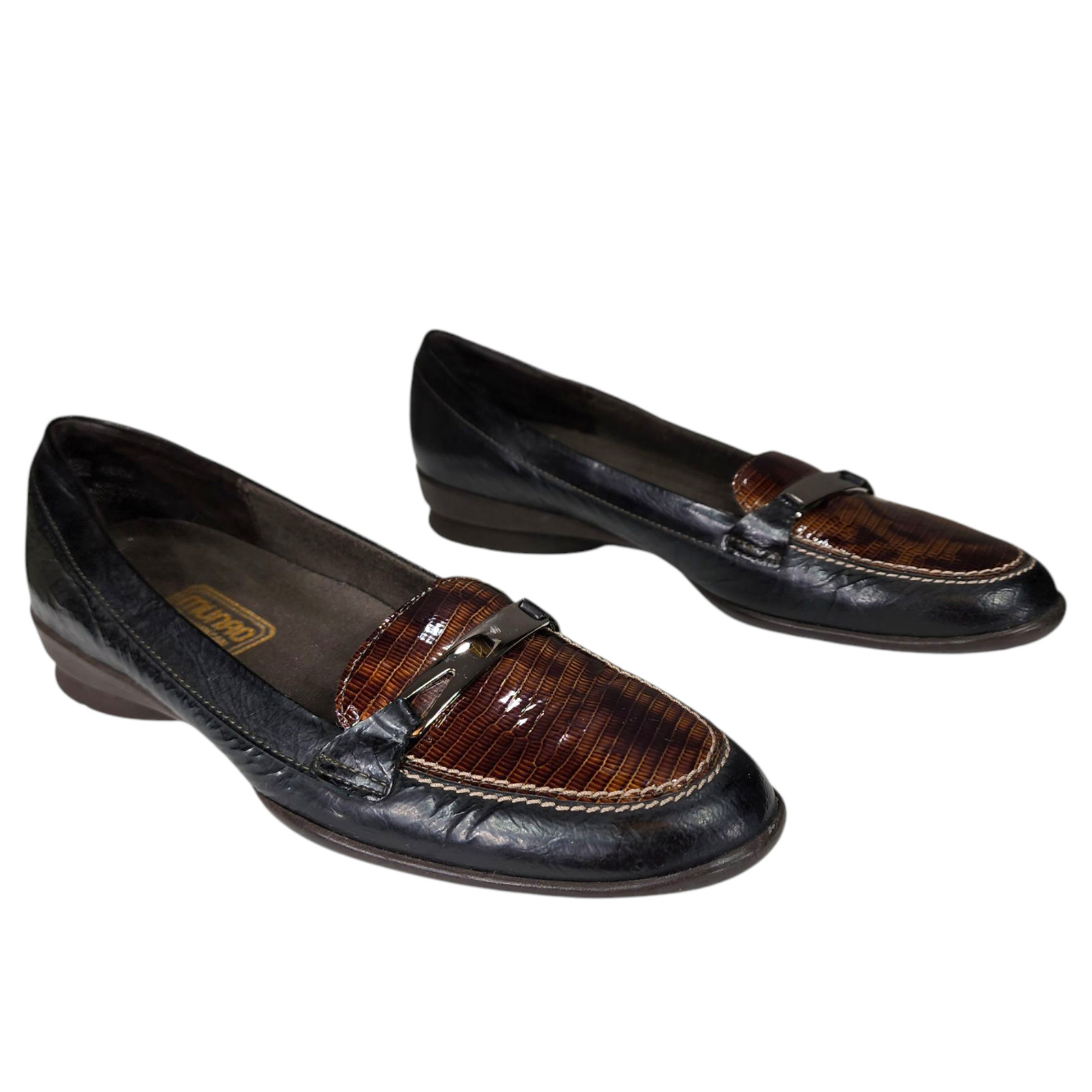 Munro American Snakeskin Loafers sz 7N Women Patent Leather Horsebit Black Brown