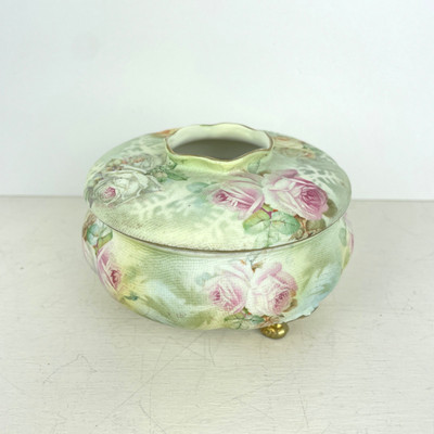 Antique Royal Bayreuth Porcelain Hair Receiver Pink Yellow Roses Vanity Box