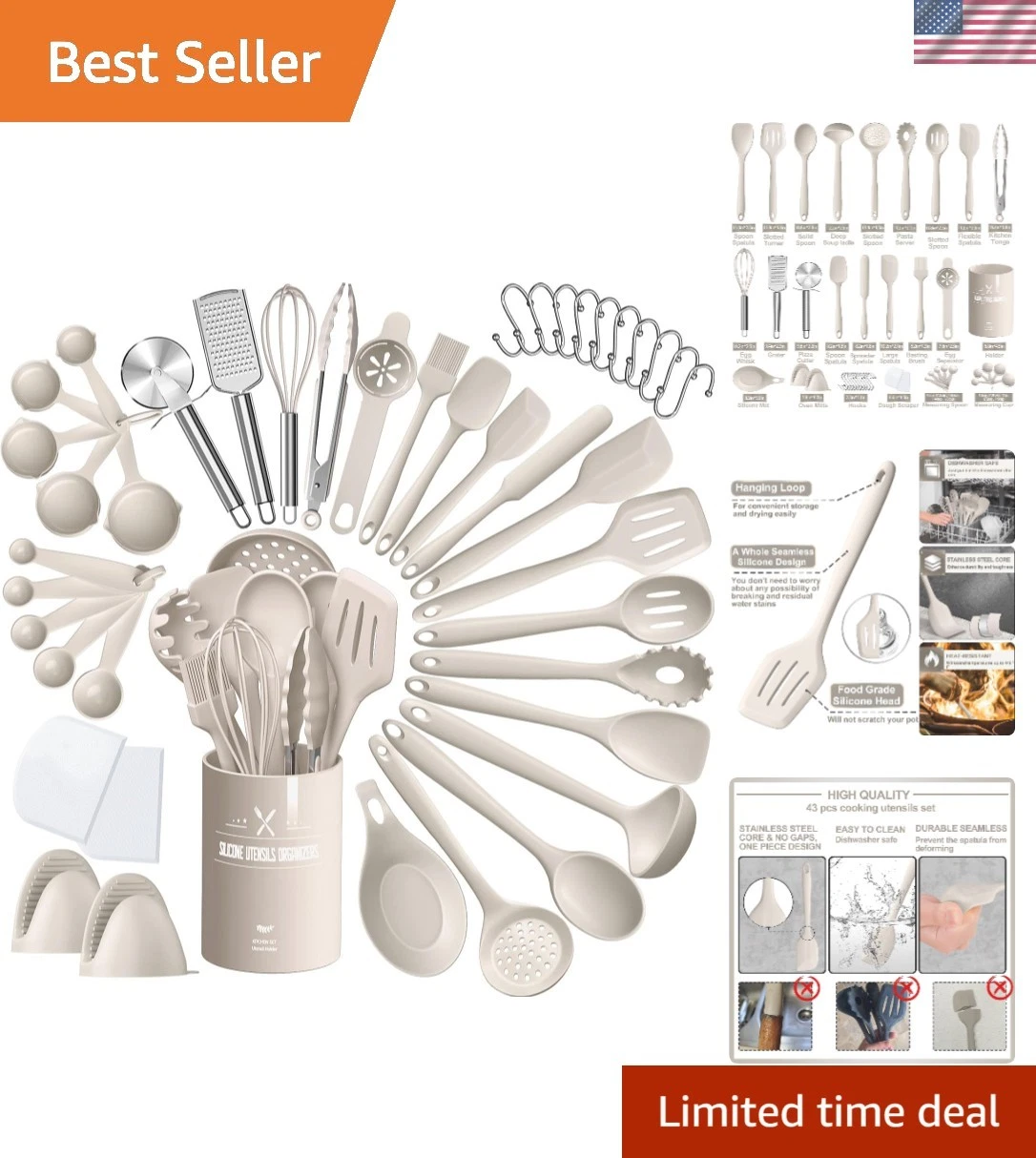 Luxurious 43-Piece Silicone Kitchen Utensils - Dishwasher Safe & Durable Design