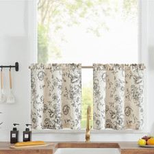 Floral Linen Tier Curtains 24 Inch Farmhouse Botanic Cafe Drapes for Small Windo