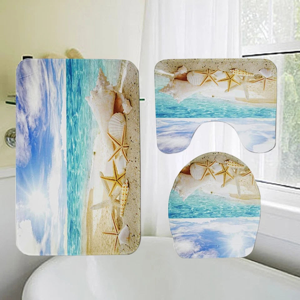3 in 1 Sky Beach Seashell Muster Bad Mat Set Rutschfeste Waschraum Teppich Mat - Bild 2 von 4