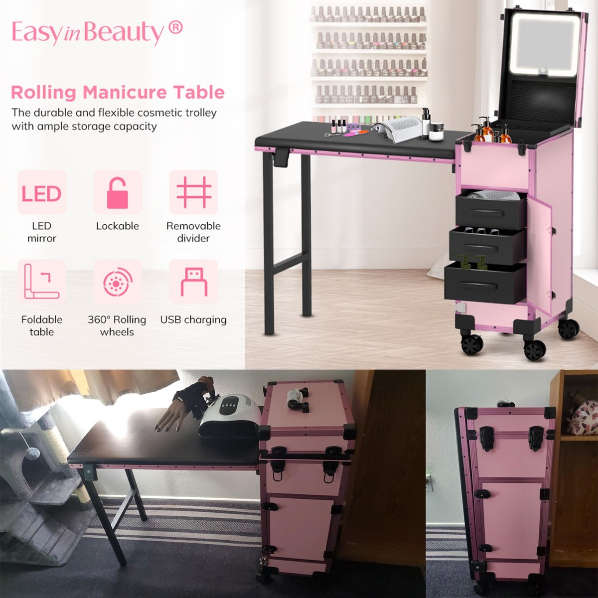 mao nail ピンク収納ボックス ミラー付き Portable Manicure Table For Nail Organizer Travel Makeup Case
