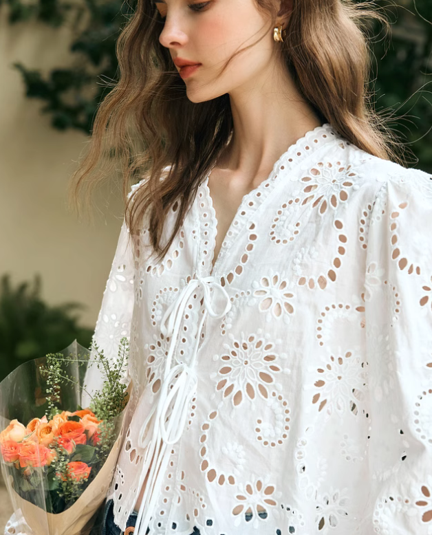 yilon イロン　Blossom lace tops white White Chiffon Shirt Womens New Hollow Lace Long-sleeved