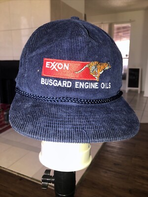 Vintage 80's EXXON BUSGARD Oil Corduroy Adjustable Hat Embroidered Navy Blue