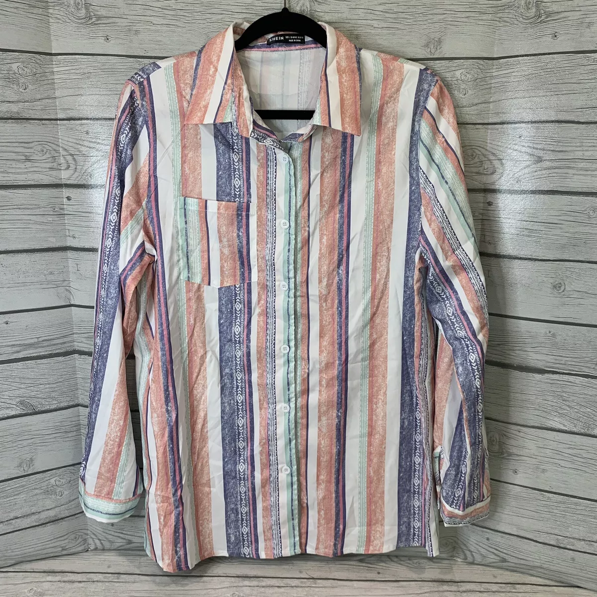 Shein Women s Casual Multicolor Button Up Southwestern Stripes Shirt Size Large