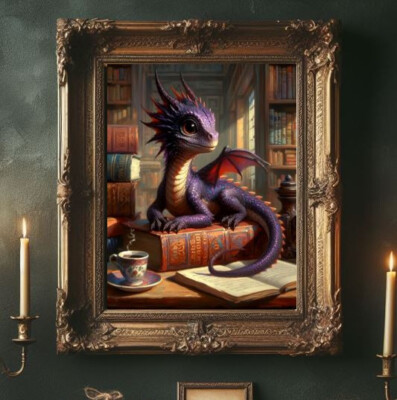 Purple Baby Library Dragon Coffee books  Fantasy Vintage Painting print wall art