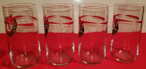 4 Bicchieri Natalizi Libbey Vetro Collezione Vacanze USA Corona con Fiocco Rosso, Vintage - Foto 3 di 5