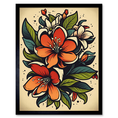 Red Jasmine Flower Old School Tattoo Rockabilly 50s Framed Print Wall Art 12x16