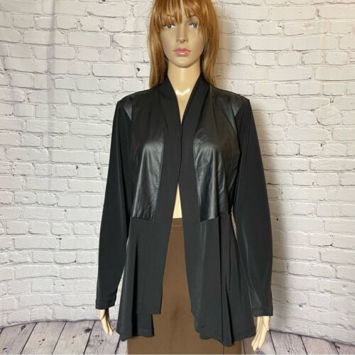 Susan Graver Black Liquid Knit Faux Leather Panels Cardigan Size M - Picture 1 of 8