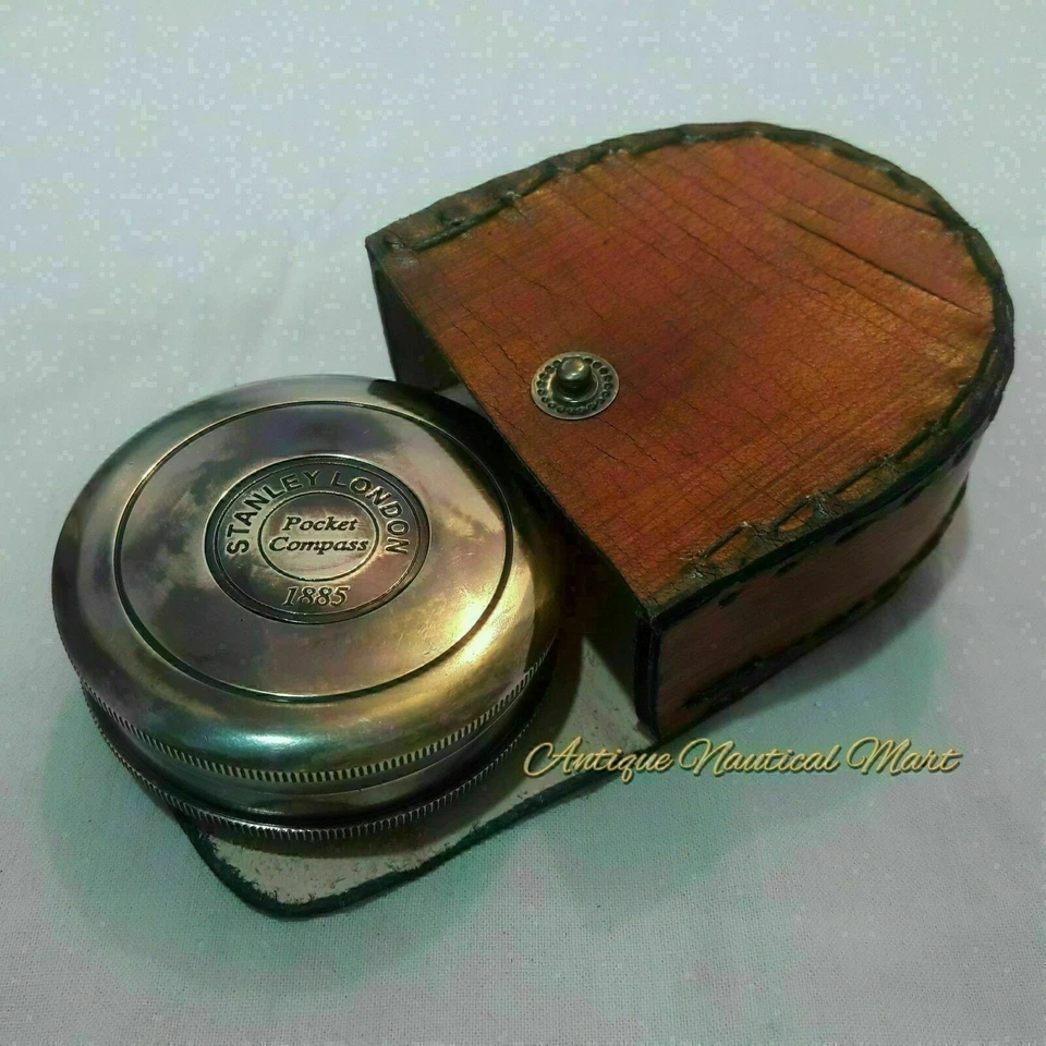 Nautical Brass Compass Stanley London 1885 With Leather Cover Antique Item Gift - Изображение 2 из 4