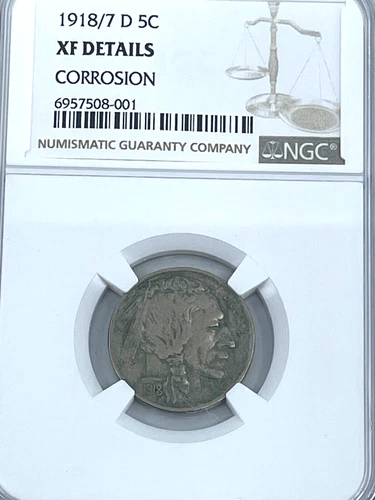 MINT OVERDATE-----1918/7-D, ERROR, U.S. Buffalo Nickel NGC XF Details Corrosion