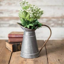 Narrow Metal Milk Pitcher Tall with Handle Farmhouse Kitchen - Distressed Rustic
