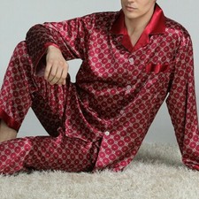 Men Pajama Set Faux Silk Sleepwear Long Sleeve Pants Soft Satin Nightgown